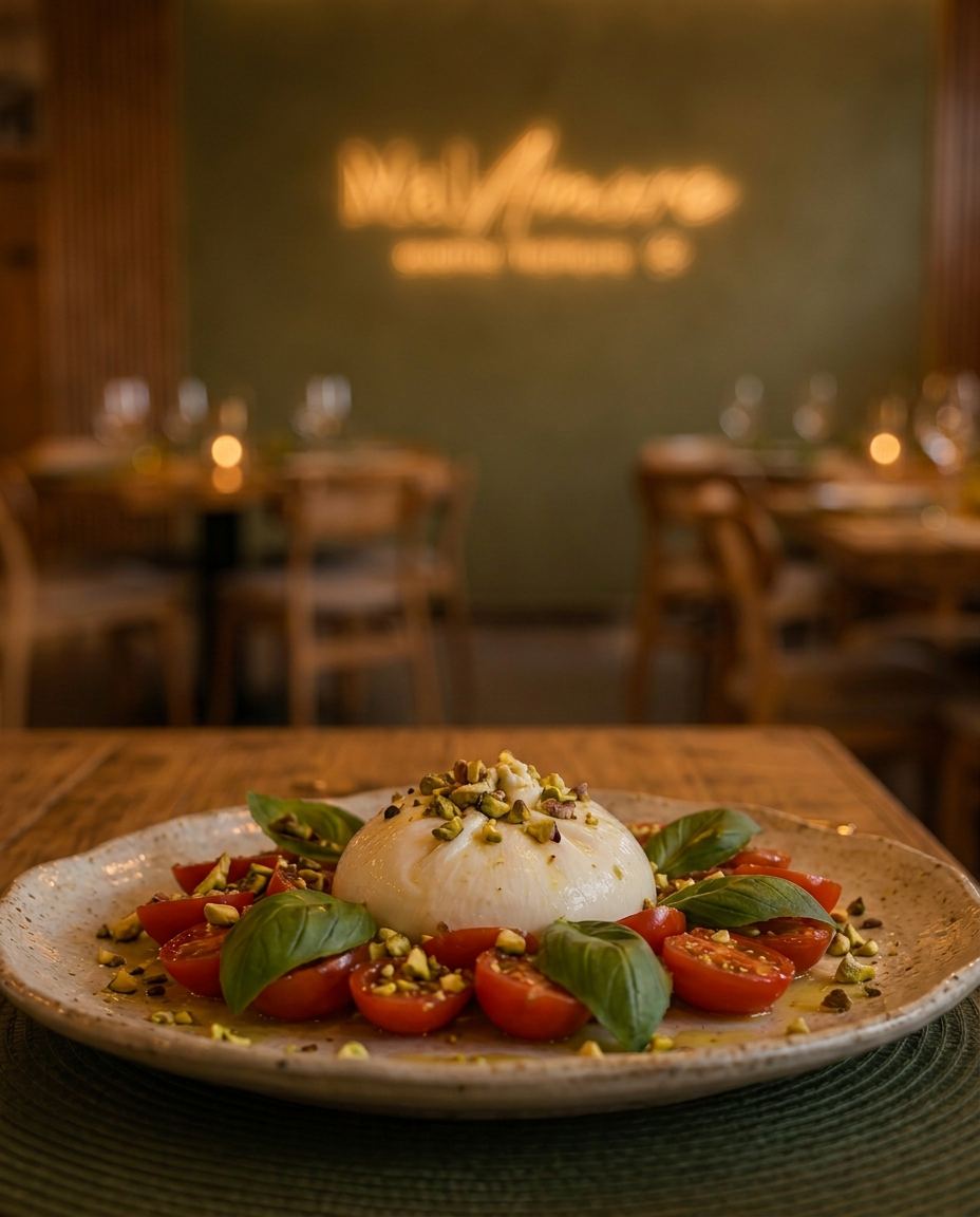 Burrata con Pomodorini e Pistacchi / Burrata con Tomates y Pistachos · MalAmore, cucina italiana en Alcobendas