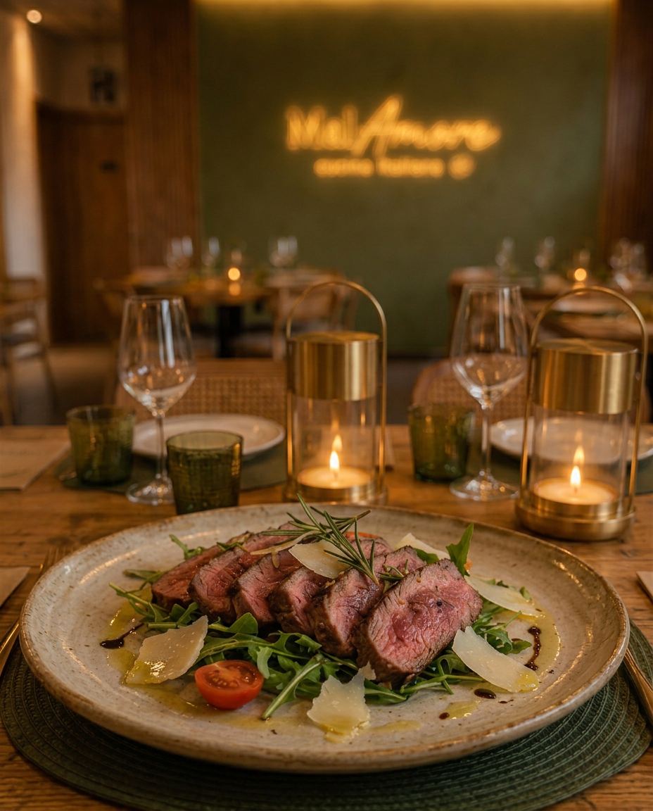 Tagliata di manzo con rucola e grana / Entrecot de ternera en tiras con rúcula y parmesano · MalAmore, cucina italiana en Alcobendas