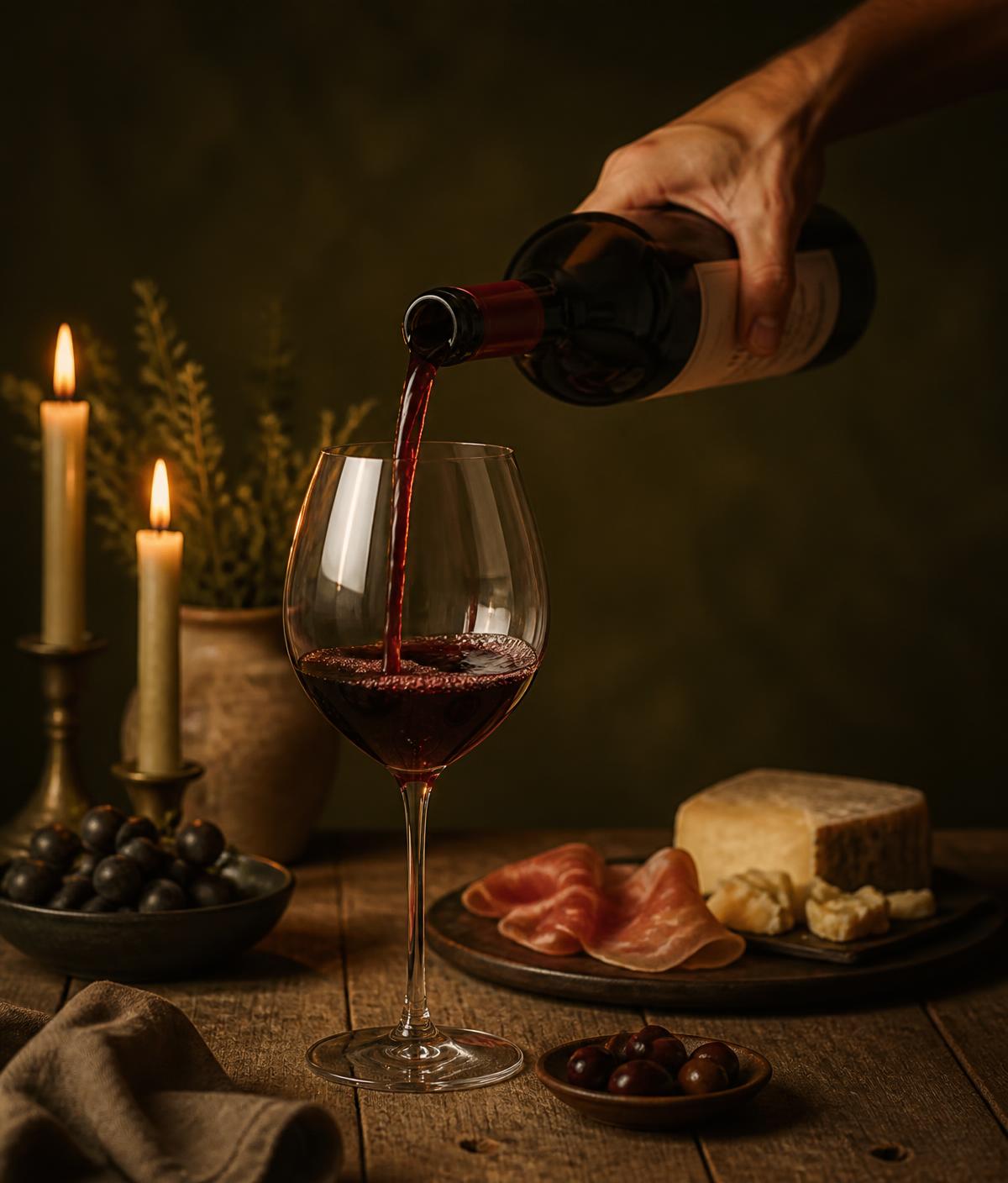 Mano sirviendo vino tinto junto a velas encendidas